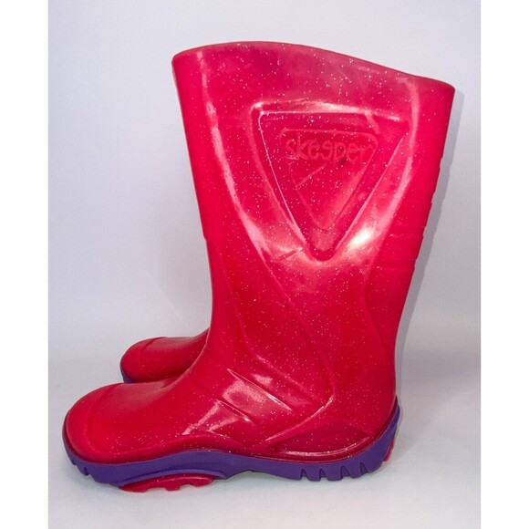 SKEEPER Size 32/1Y Black Slip-On Rain Boots w/Grip Soles Pink/Purple Rubber Boot - Picture 3 of 10